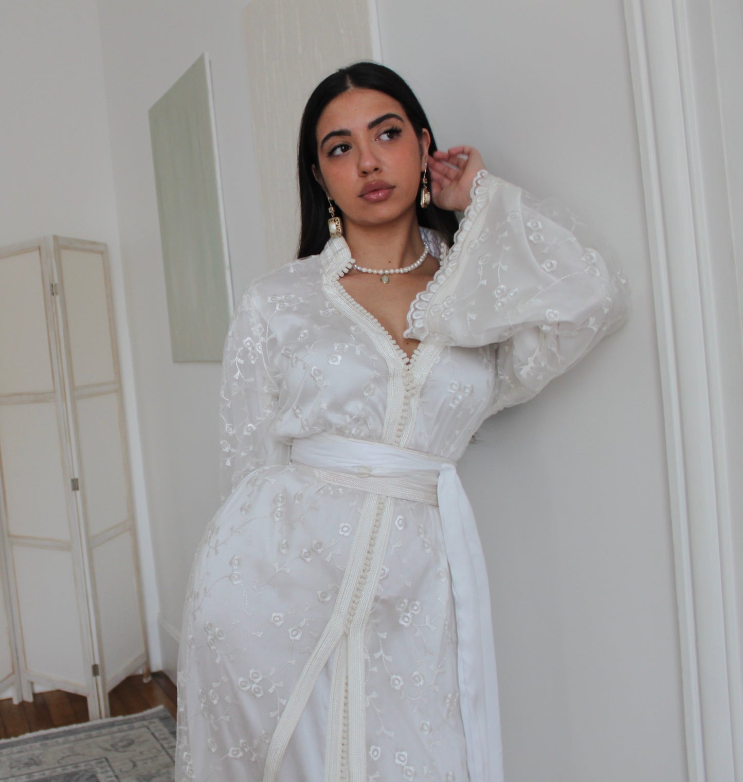 Caftan doublé en tulle brodée - écru