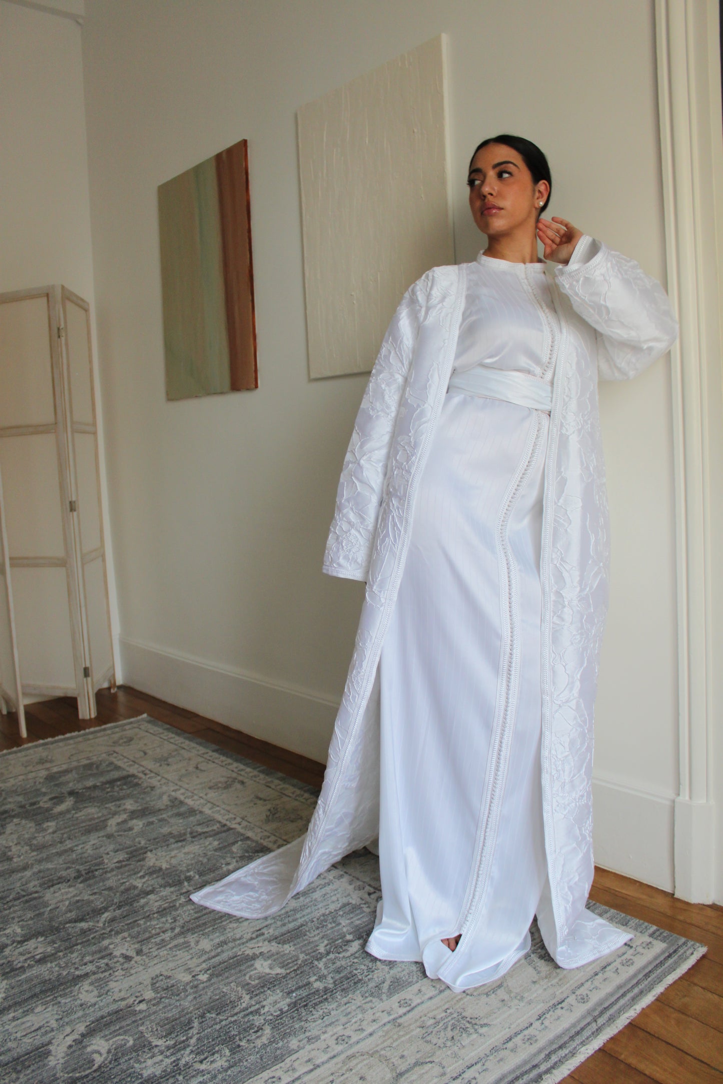 Caftan avec son kimono en brocard - blanc
