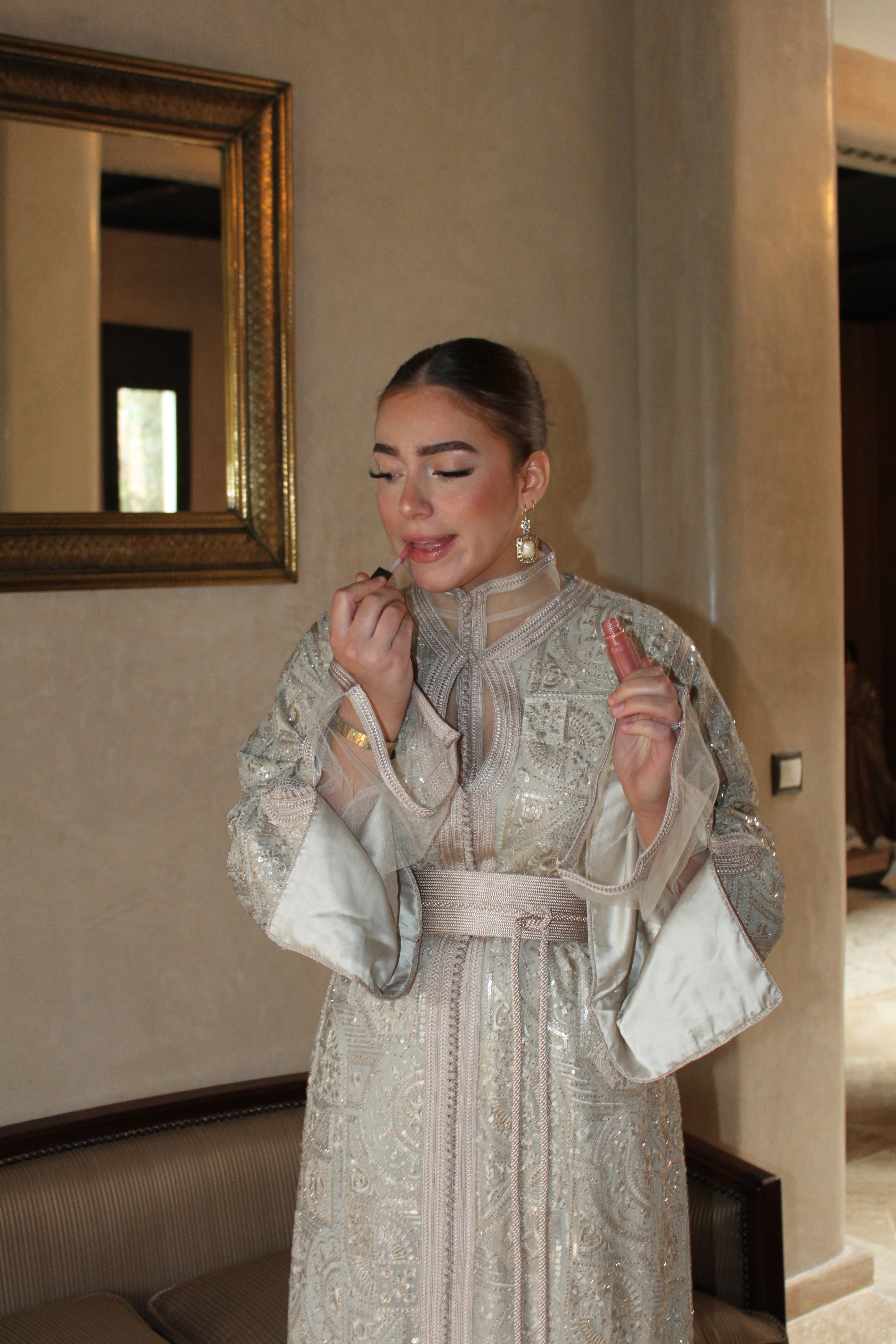 Caftan tulle brodée soie - cream