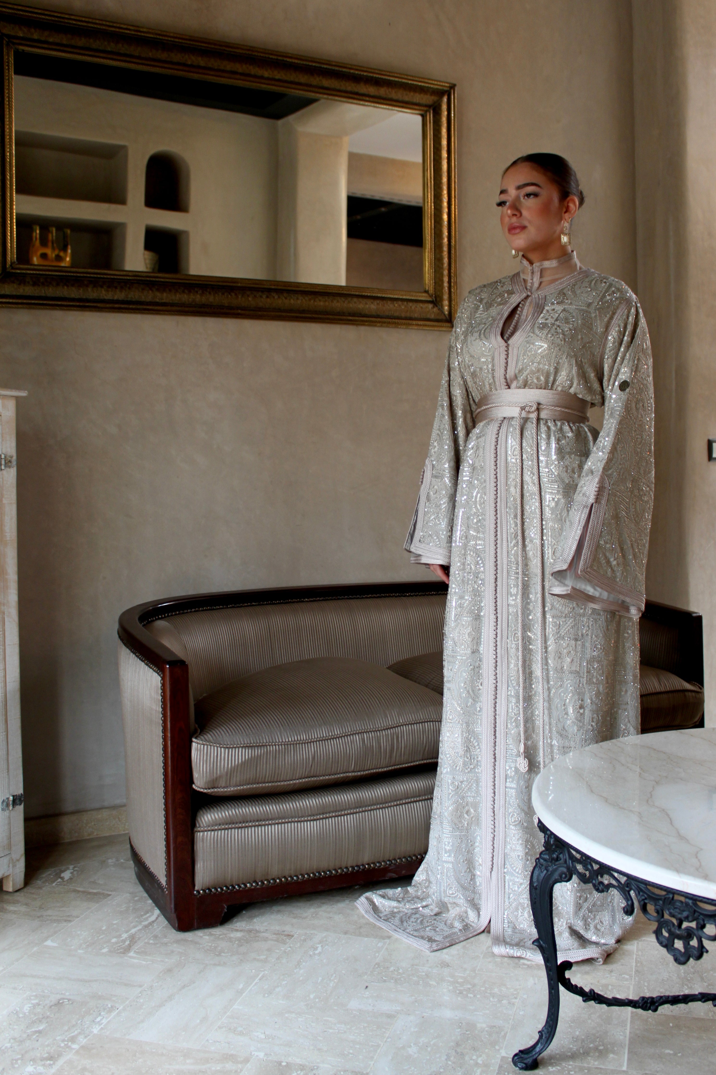 Caftan tulle brodée soie - cream