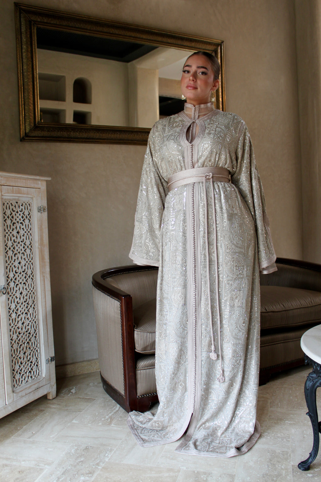 Caftan tulle brodée soie - cream