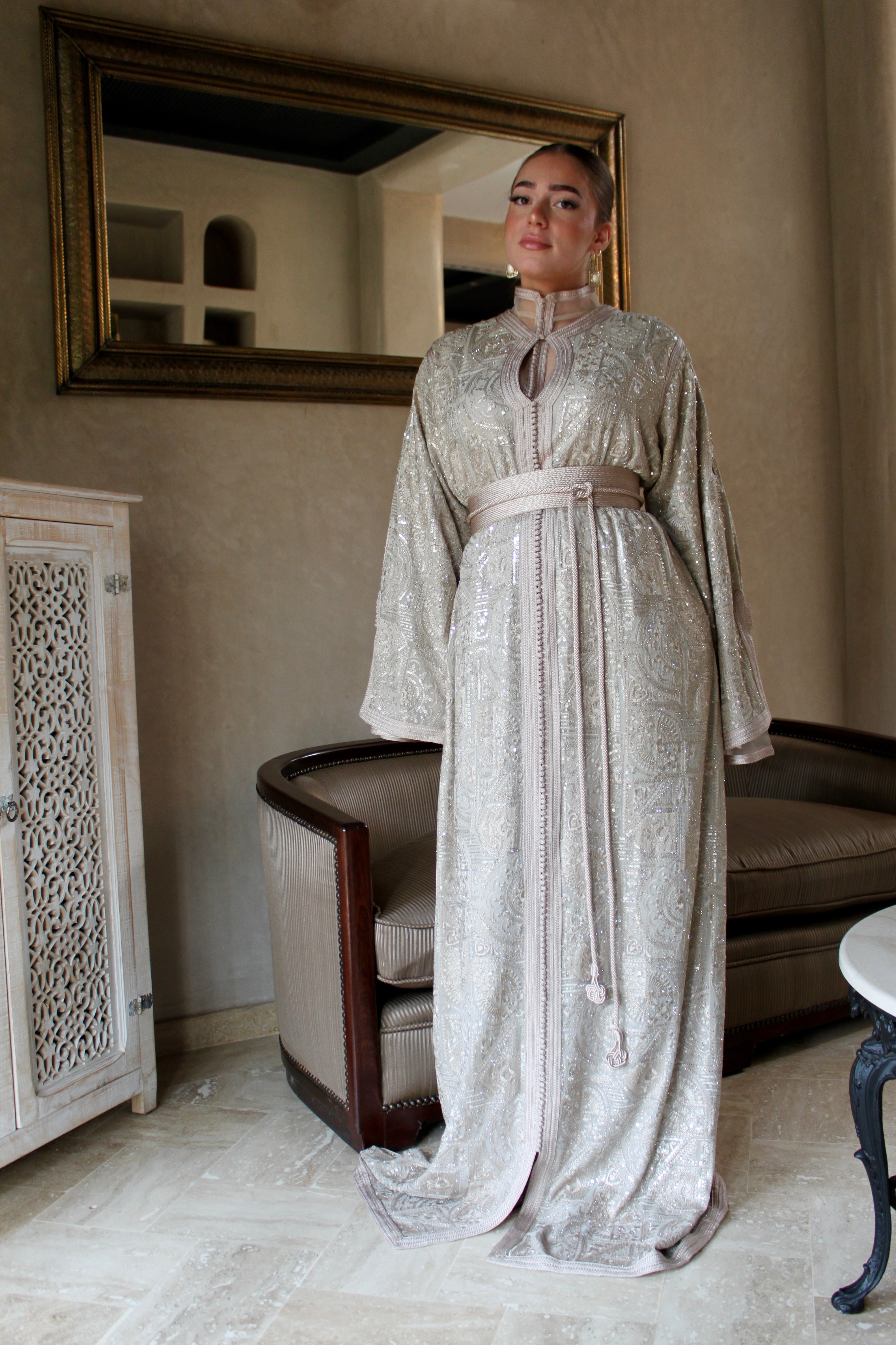 Caftan tulle brodée soie - cream