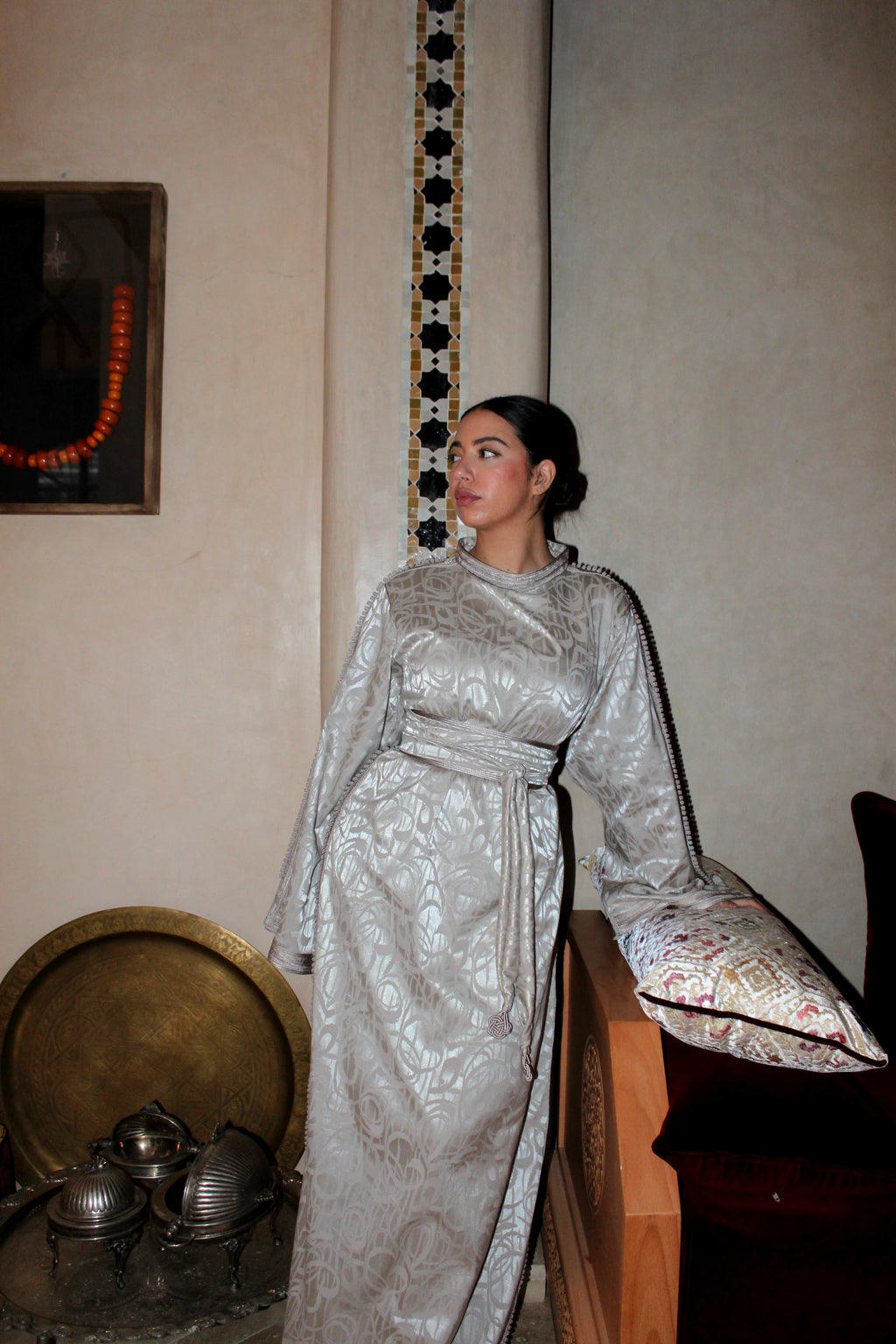 Caftan en jacquard - gris nacré