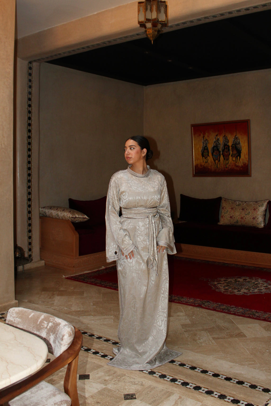 Caftan en jacquard - gris nacré