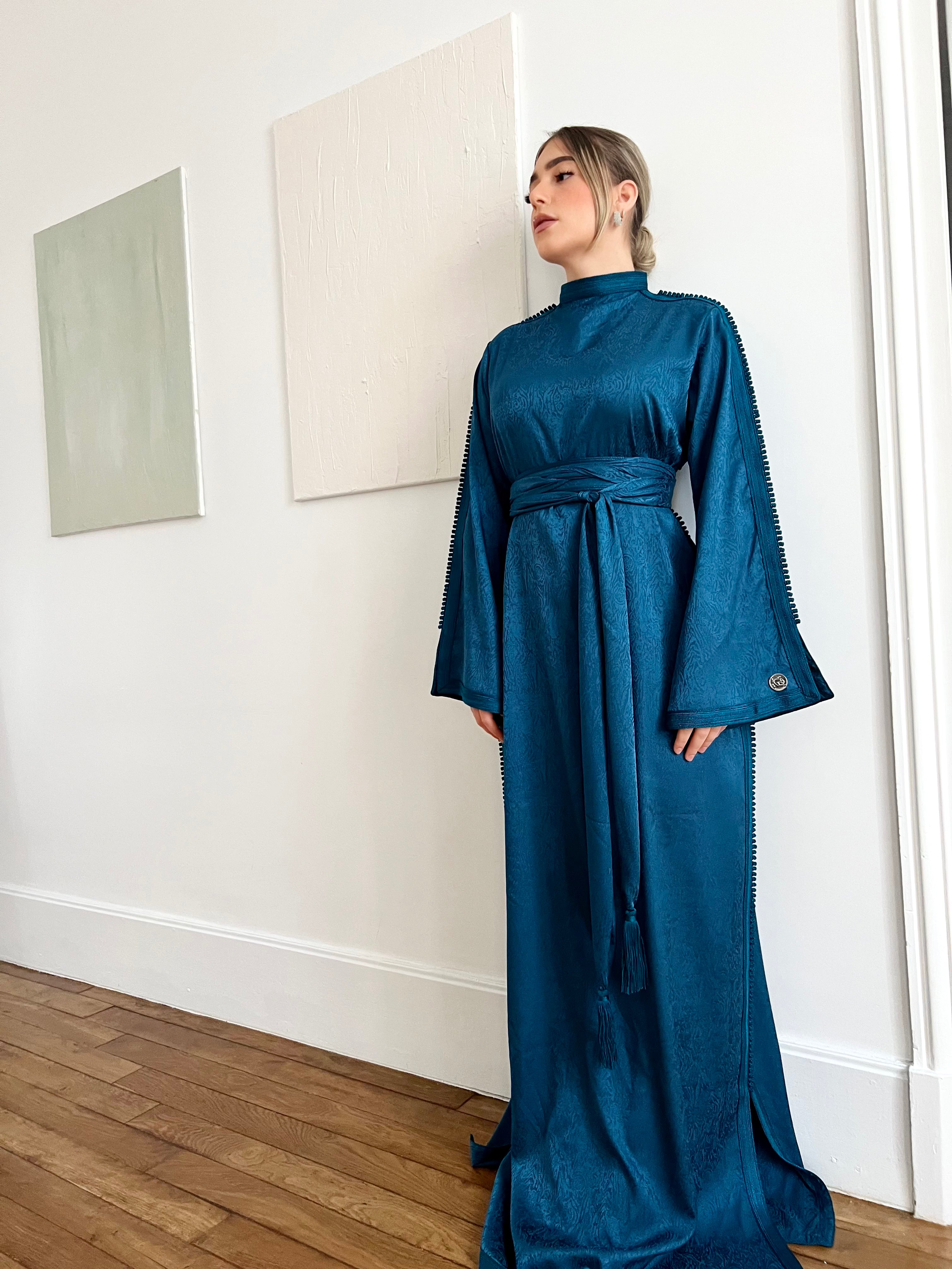 Caftan en jacquard - bleu canard