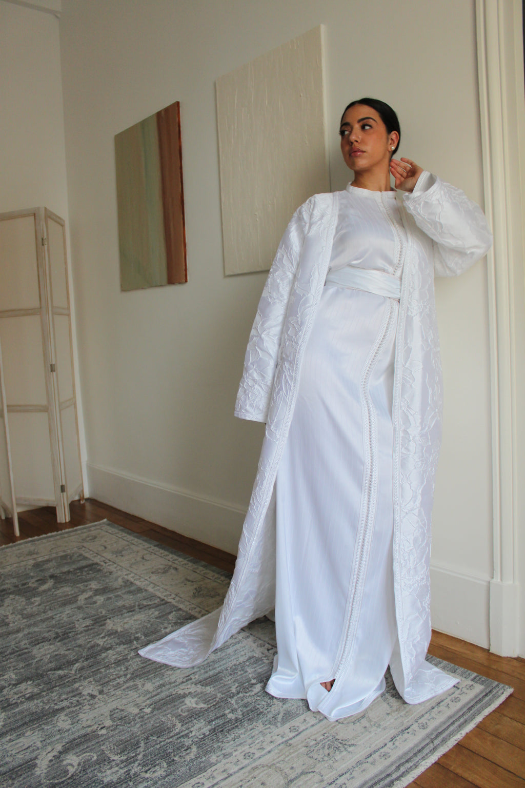 Caftan avec son kimono en brocard - blanc