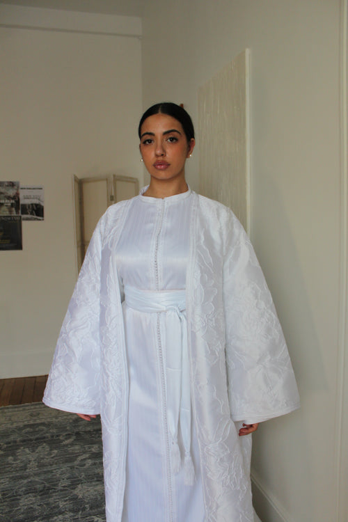 Caftan avec son kimono en brocard - blanc