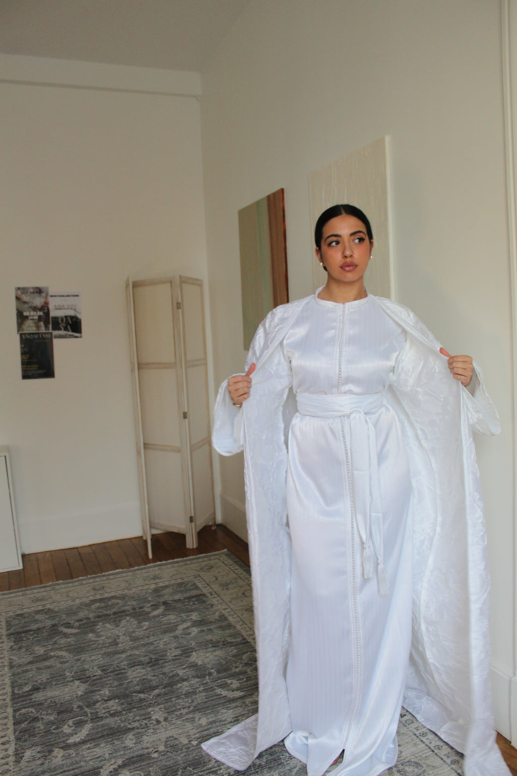 Caftan avec son kimono en brocard - blanc
